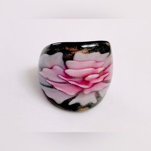 Awesome Pink Black 3D Flower In Goldstone Art Glass Ring
